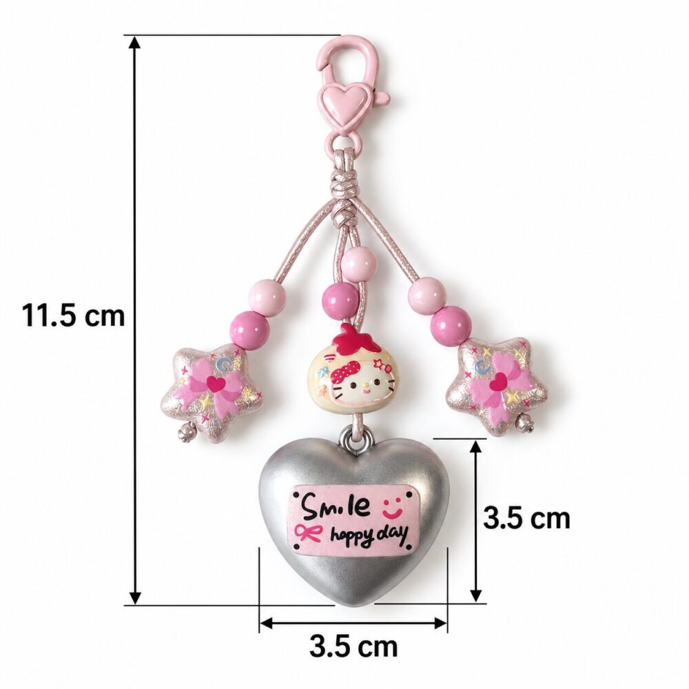 11.5 cm Pink Smile Happy Day Cat Heart Bag Charm – Star Beaded Keychain