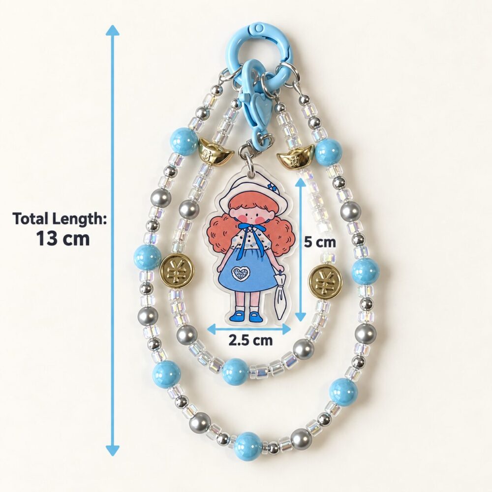 Kawaii Blue Girl with Umbrella Beaded Phone Charm - Double Layer Iridescent Bead Lanyard with Gold Ingot Accents by RedSacre