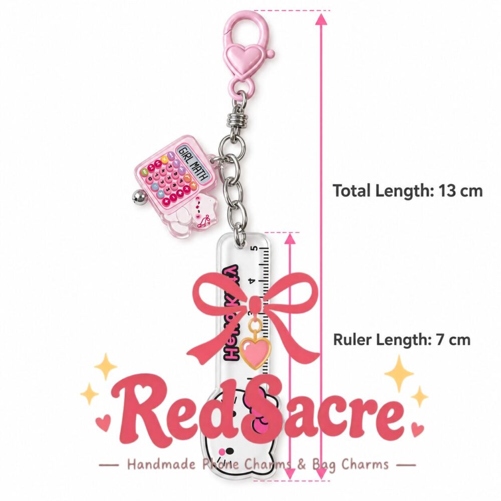 Pink Cat Calculator and Ruler Keychain Bag Charm