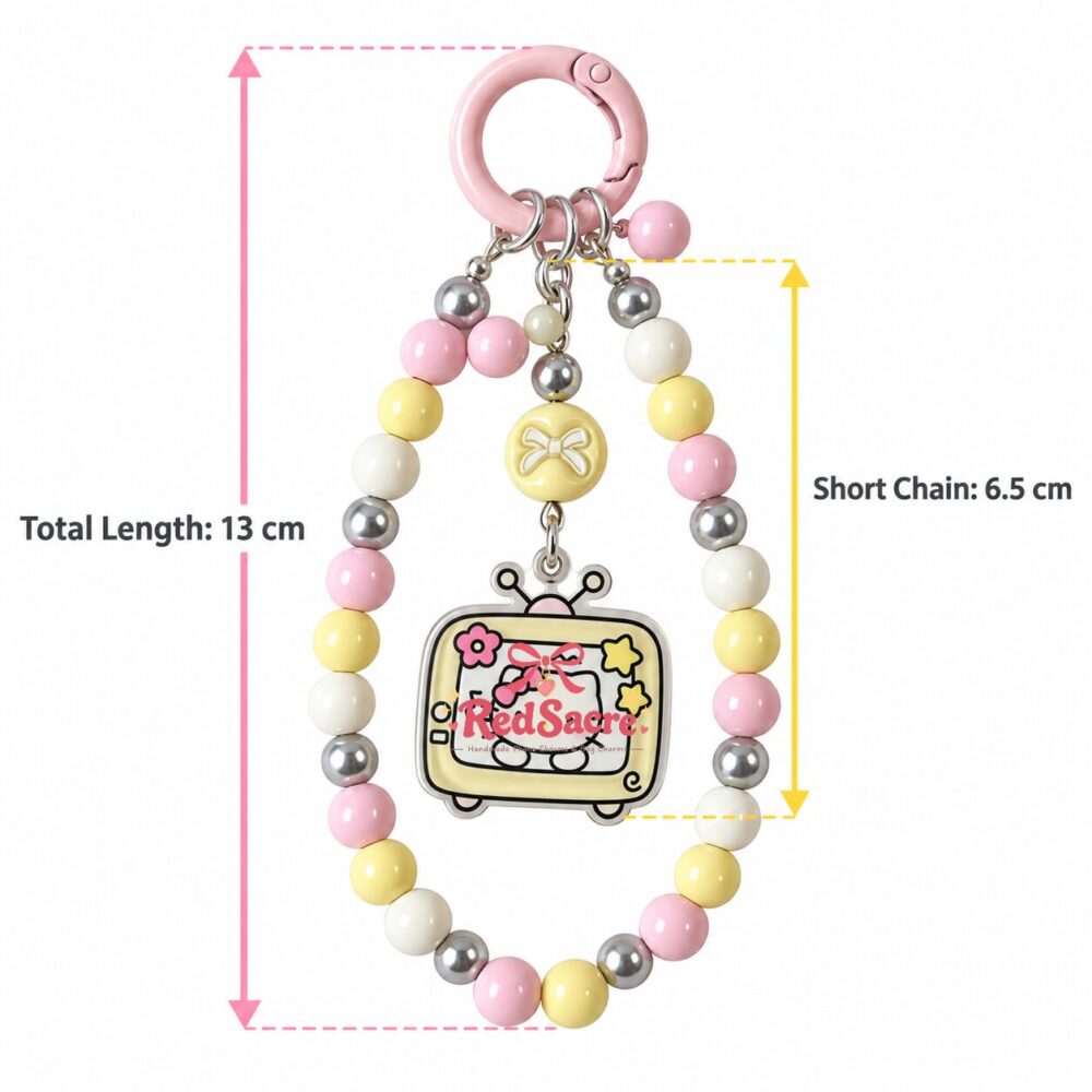 Pastel Cat TV Beaded Phone Charm – Pink and Yellow Wrist Strap