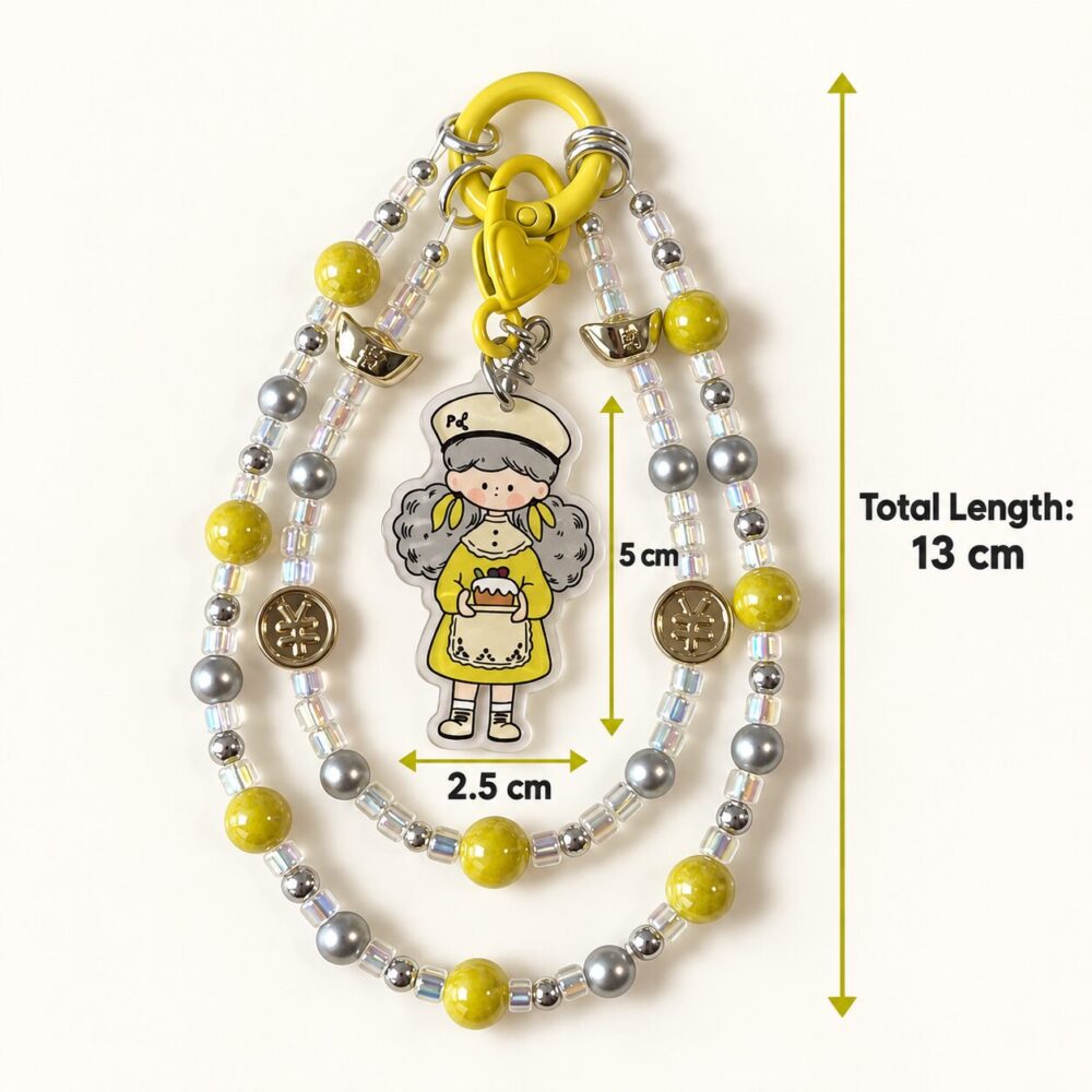 Product Overview:Bring sunny energy and lucky charm vibes to your everyday essentials with the Yellow Cake Girl Beaded Phone Charm & Bag Pendant from redsacre.com. Perfectly blending Japanese kawaii art with modern Y2K beaded aesthetics, this handcrafted piece adds personality to phone cases, backpacks, and luxury handbags. Detailed Features & Highlights:Sweet Cake-Baking Girl Character Pendant: The center acrylic charm highlights an adorable anime-style girl with fluffy grey pigtails, a beret hat, and a vibrant yellow dress with an apron, holding a delicious miniature cake. Layered Multi-Texture Beaded Lanyard:Designed with a dynamic two-ring structure that creates a luxurious, volumetric drop:Inner Loop: Features shimmering iridescent glass beads, silver-grey pearl accents, gold-tone sycee (ingots), and lucky currency coin charms. Outer Loop: Combines rainbow-glimmer crystal beads, metallic silver spacer beads, sleek grey spheres, and olive-yellow marbleized beads. Durable Yellow Dual Clasp System: Includes a powder-coated bright yellow spring ring clip and a heart-detailed lobster clasp for secure, versatile attachment. Check out the complete collection of charms and aesthetic accessories at redsacre.com. Why You’ll Love It:Multi-Use Styling: Functions perfectly as a phone wristlet strap, zipper pull, backpack charm, or key lanyard. Cozy & Lucky Aesthetic: Combines a warm baking-themed character illustration with traditional wealth-attracting gold symbols. Premium Durability: Made with high-clarity acrylic, scratch-resistant enamel gloss, and strong metallic connectors built for daily use. Product Specifications:Brand / Official Store: redsacre.com Style: Kawaii / Y2K / Lucky Charm / Harajuku Character Motif: Girl Holding Cake in Yellow Dress Bead Accents: Iridescent Crystal Beads, Olive Yellow Spheres, Gold Sycee (Ingots), Currency Coins Clasp Type: Bright Yellow Powder-Coated Double Spring Clasp Color Palette: Sunny Yellow, Olive Green, Metallic Gold, Grey, Iridescent Clear