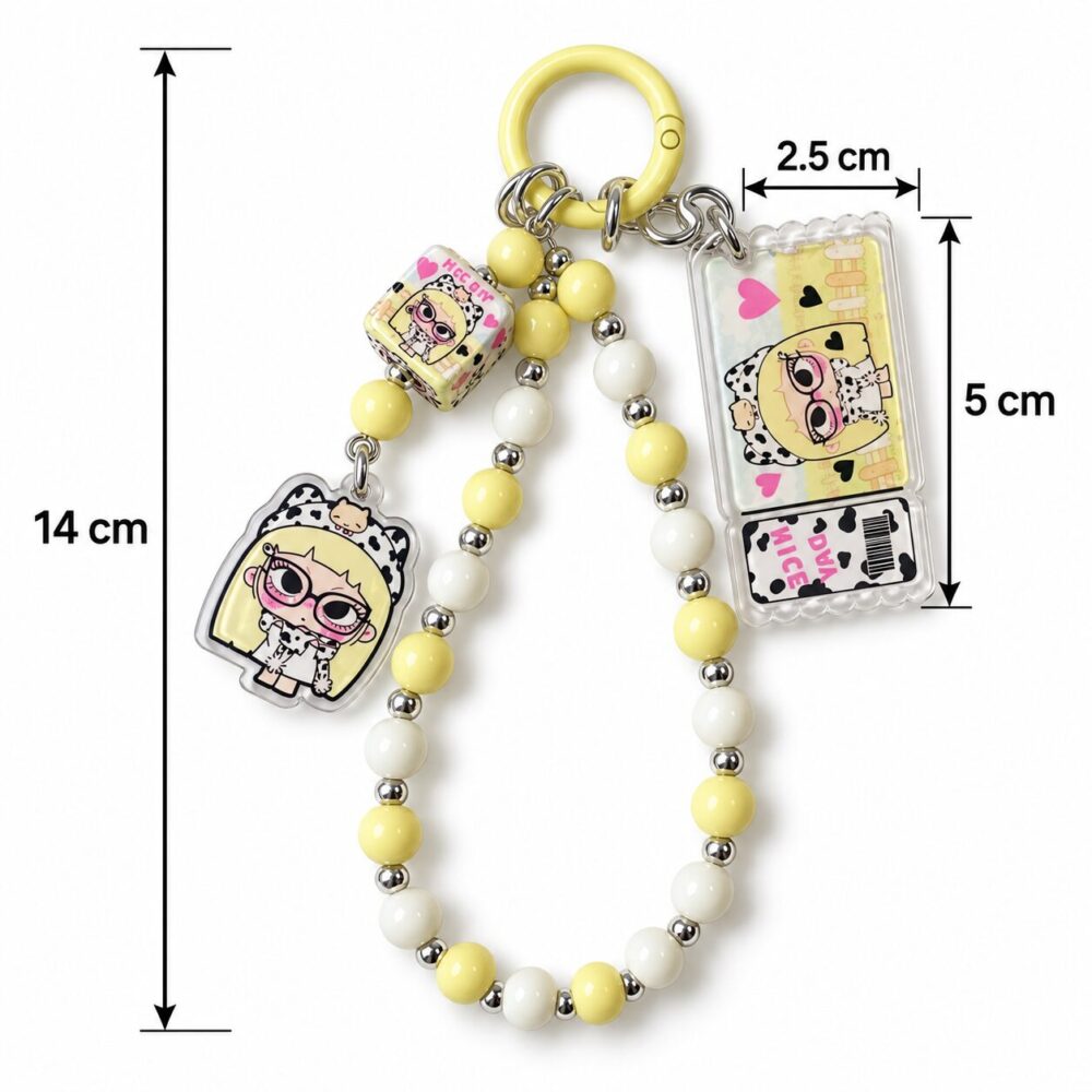 14 cm Yellow Cartoon Girl Beaded Bag Charm – Cute Acrylic Keychain