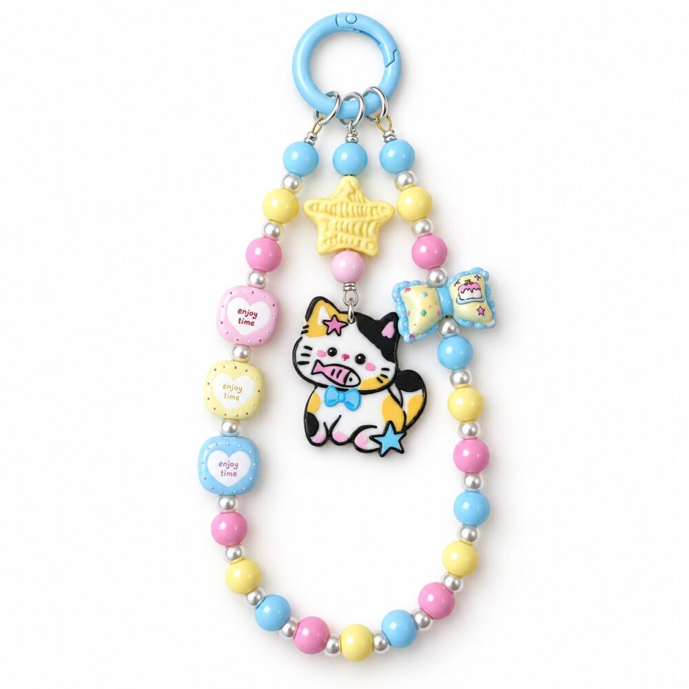Yellow Star Calico Cat Beaded Phone & Bag Charm - Image 3