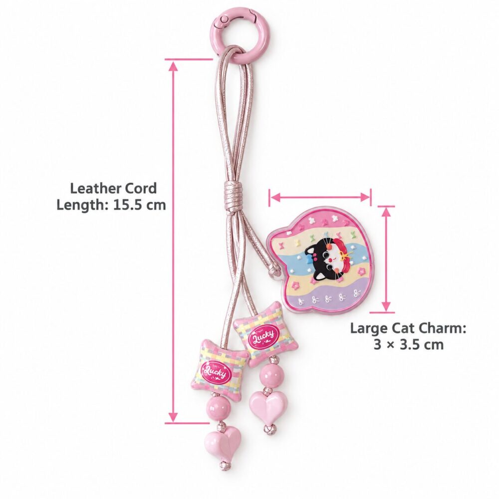 Pink Lucky Cat Leather Cord Phone Charm with Heart Beads