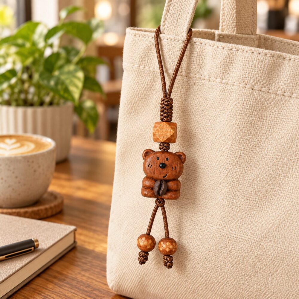 15 cm Hand-Carved Wooden Bear Bag Charm Keychain
