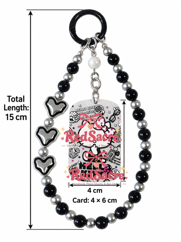 15 cm Black and Silver Cartoon Cat Beaded Keychain