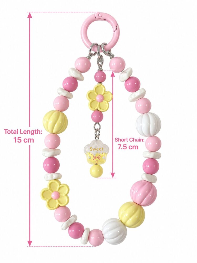 Pastel Flower Beaded Phone Charm – Pink and Yellow Wrist Strap