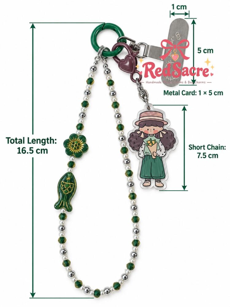 Green Pearl Beaded Phone Charm with Cute Girl and Flower Pendants