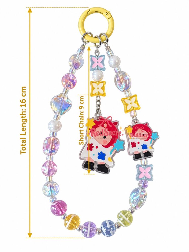 Colorful Crystal Beaded Phone Charm with Cute Artist Girl Pendant