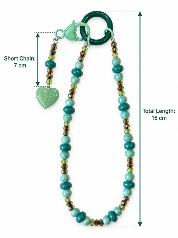 Turquoise Beaded Phone Charm Strap with Green Heart Pendant