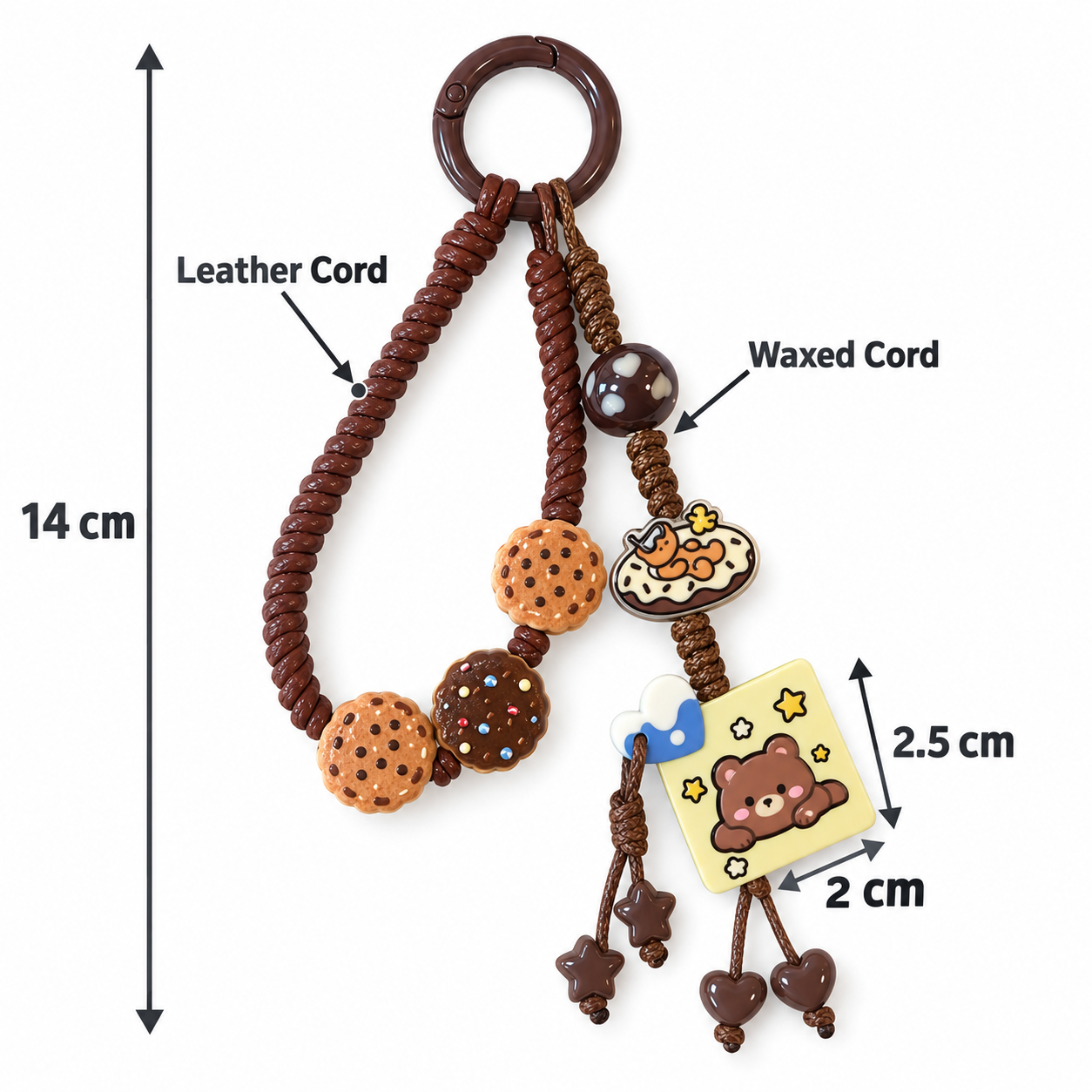 14 cm Chocolate Cookie Bear Leather Cord Bag Charm