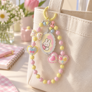16 cm Pastel Bunny Beaded Bag Charm with Heart and Bow Pendants