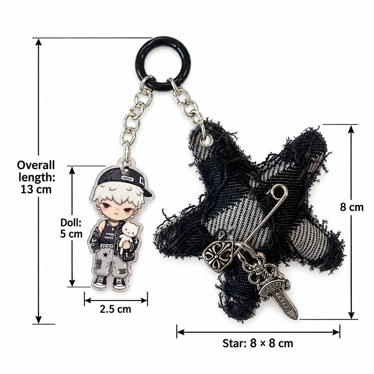 Black Plaid Star Bag Charm with Streetwear Boy Pendant – Character Keychain
