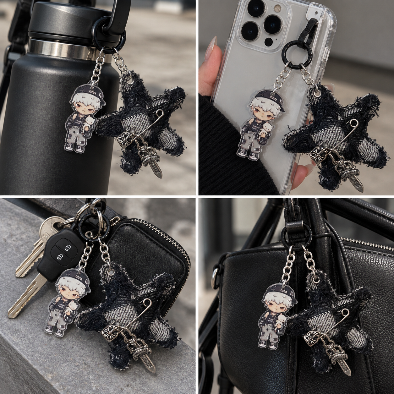 Black Plaid Star Bag Charm with Streetwear Boy Pendant – Character Keychain