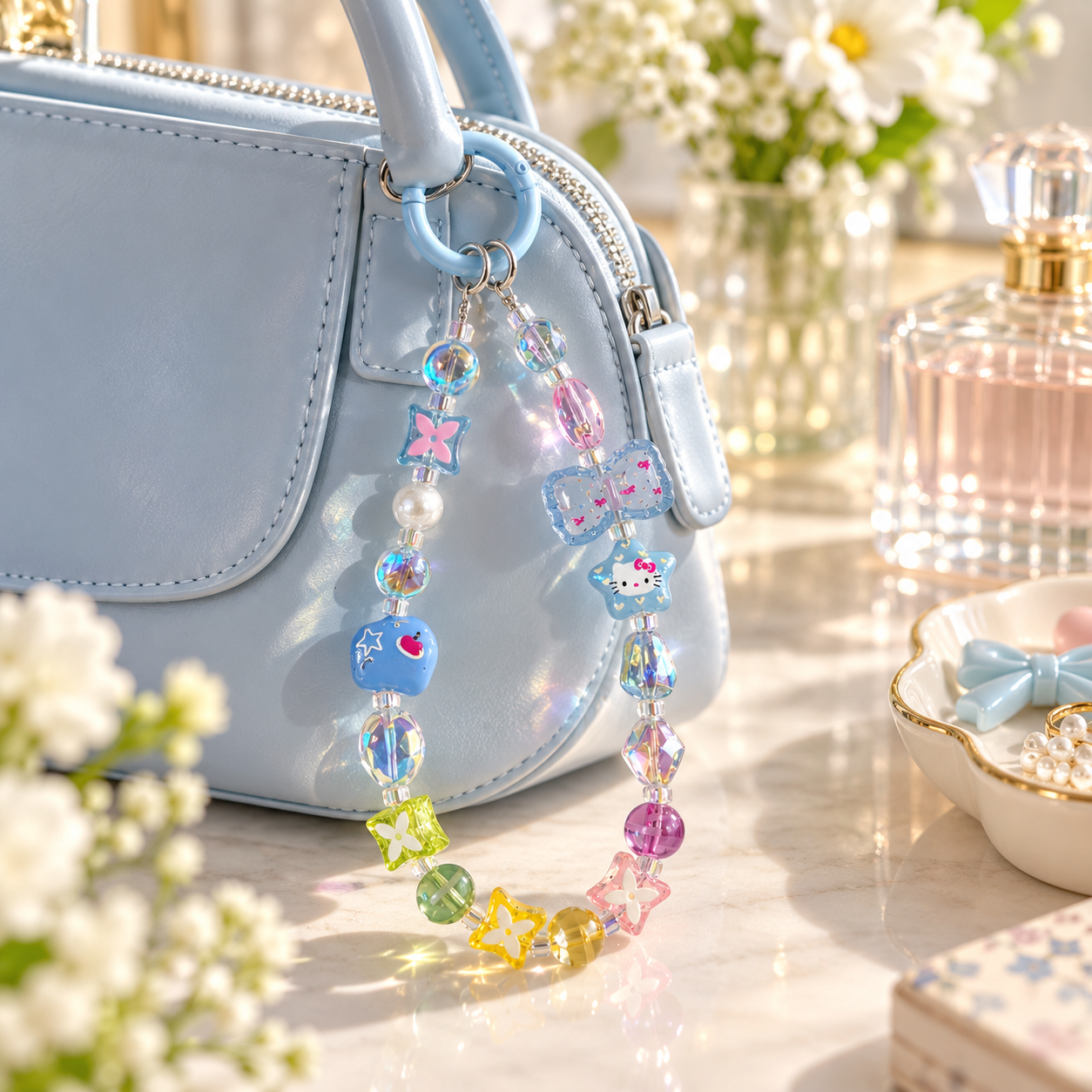 Blue Crystal Bow Beaded Bag Charm