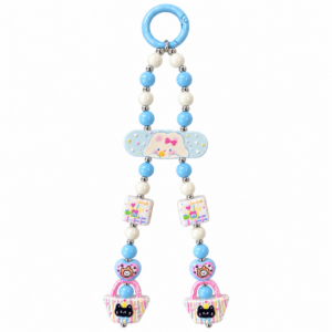 Blue & White Beaded Bag Charm with Mini Cat Bags | 19 cm Keychain Charm