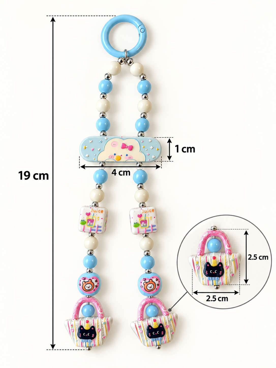 Blue & White Beaded Bag Charm with Mini Cat Bags | 19 cm Keychain Charm