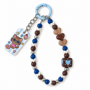 Blue and Brown Heart Beaded Bag Charm with Kitten Tag