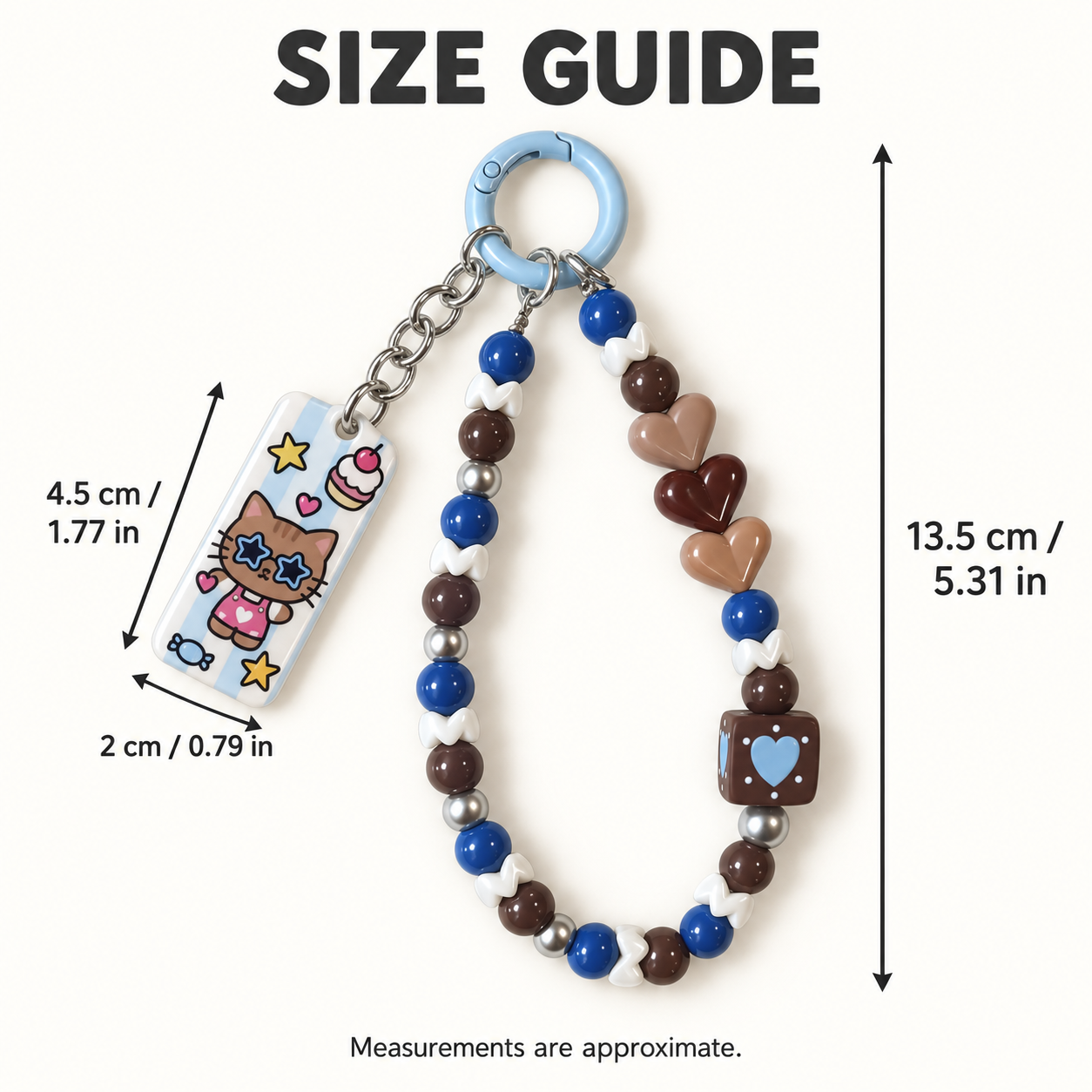 Blue and Brown Heart Beaded Bag Charm with Kitten Tag