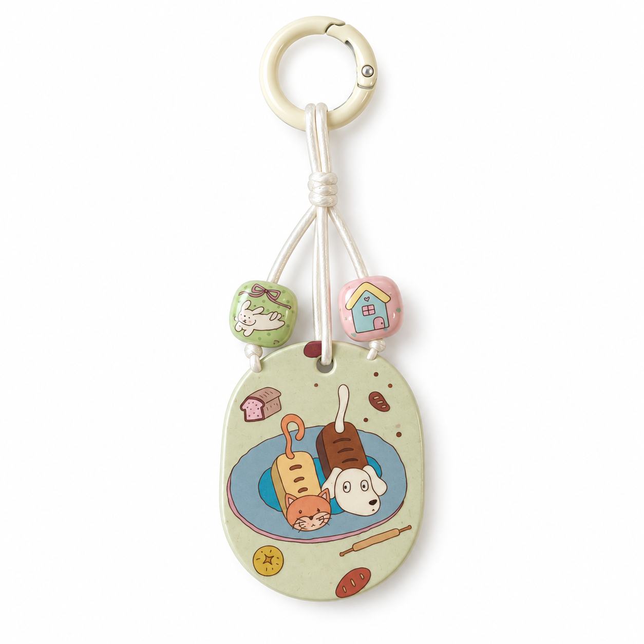 Cozy Cat & Dog Oval Bag Charm – Pastel Handmade Keychain