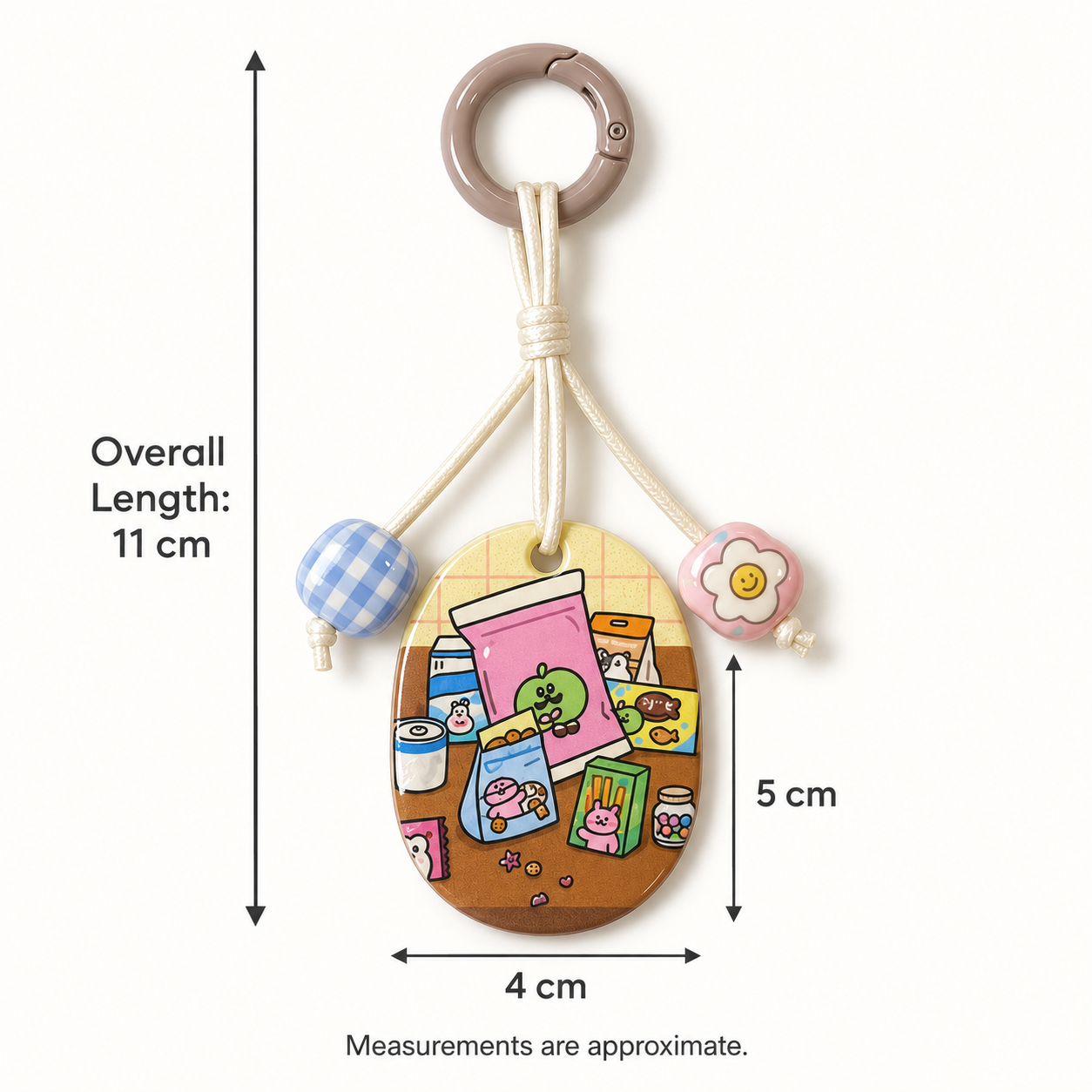 Cute Snack-Themed Oval Bag Charm with Cream Cord