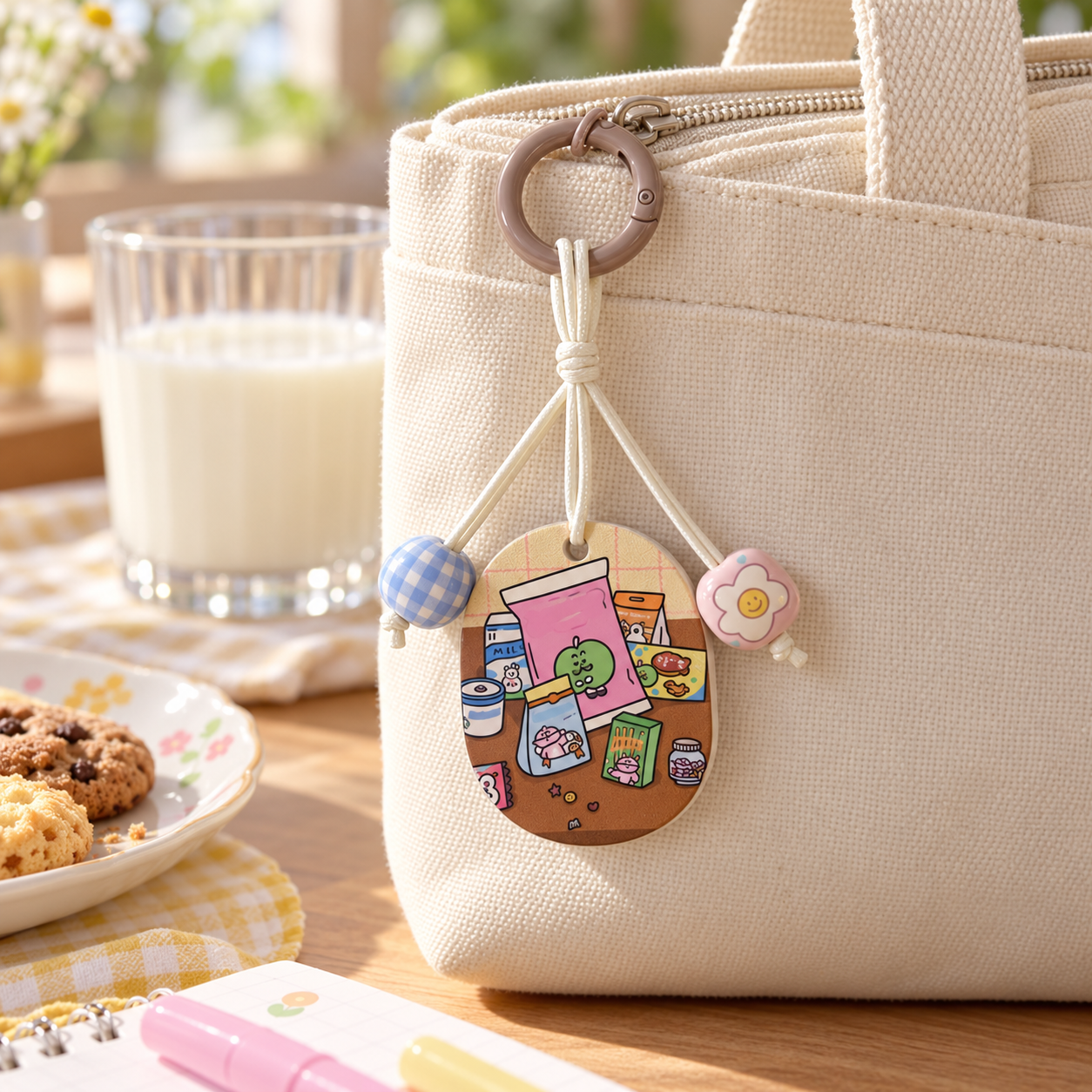 Cute Snack-Themed Oval Bag Charm with Cream Cord