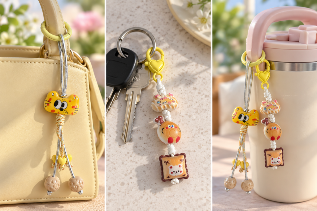 Cute Yellow Cat & Bear Charm Chains | Bag, Key and Water Bottle Accessories