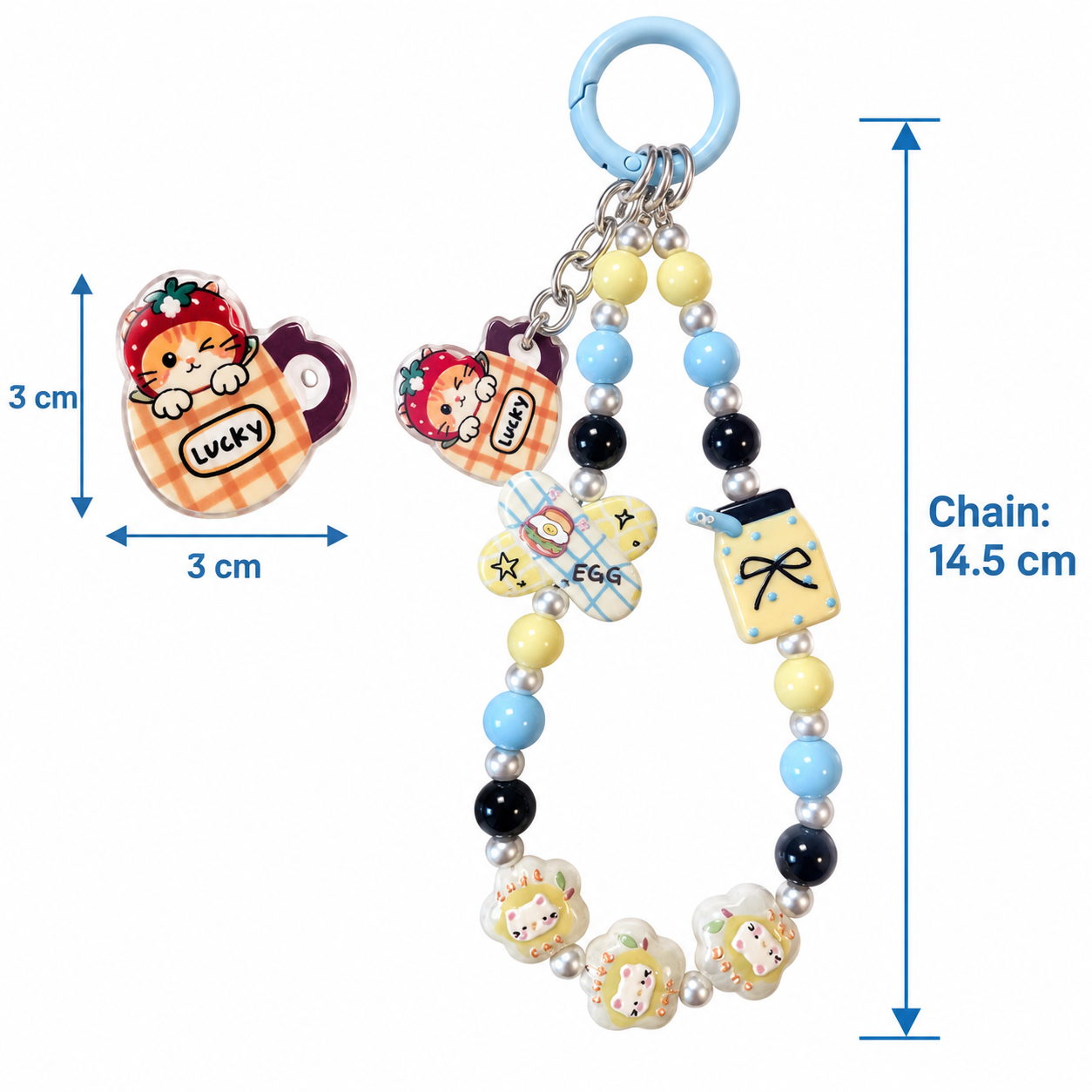 Lucky Cat Coffee Cup Beaded Charm – Blue & Yellow Phone, Bag and Water Bottle Accessory