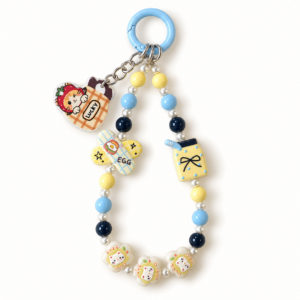 Lucky Cat Coffee Cup Beaded Charm – Blue & Yellow Phone, Bag and Water Bottle Accessory