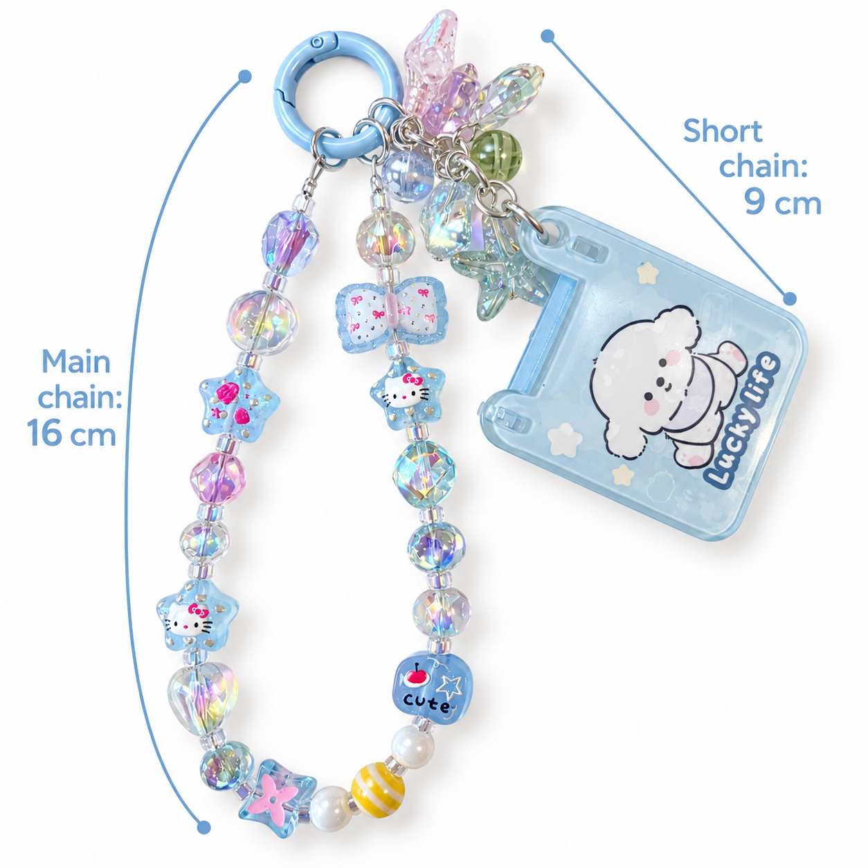 Pastel Blue Cat Star Beaded Charm with Puppy Tag – Phone, Bag & Water Bottle Accessory