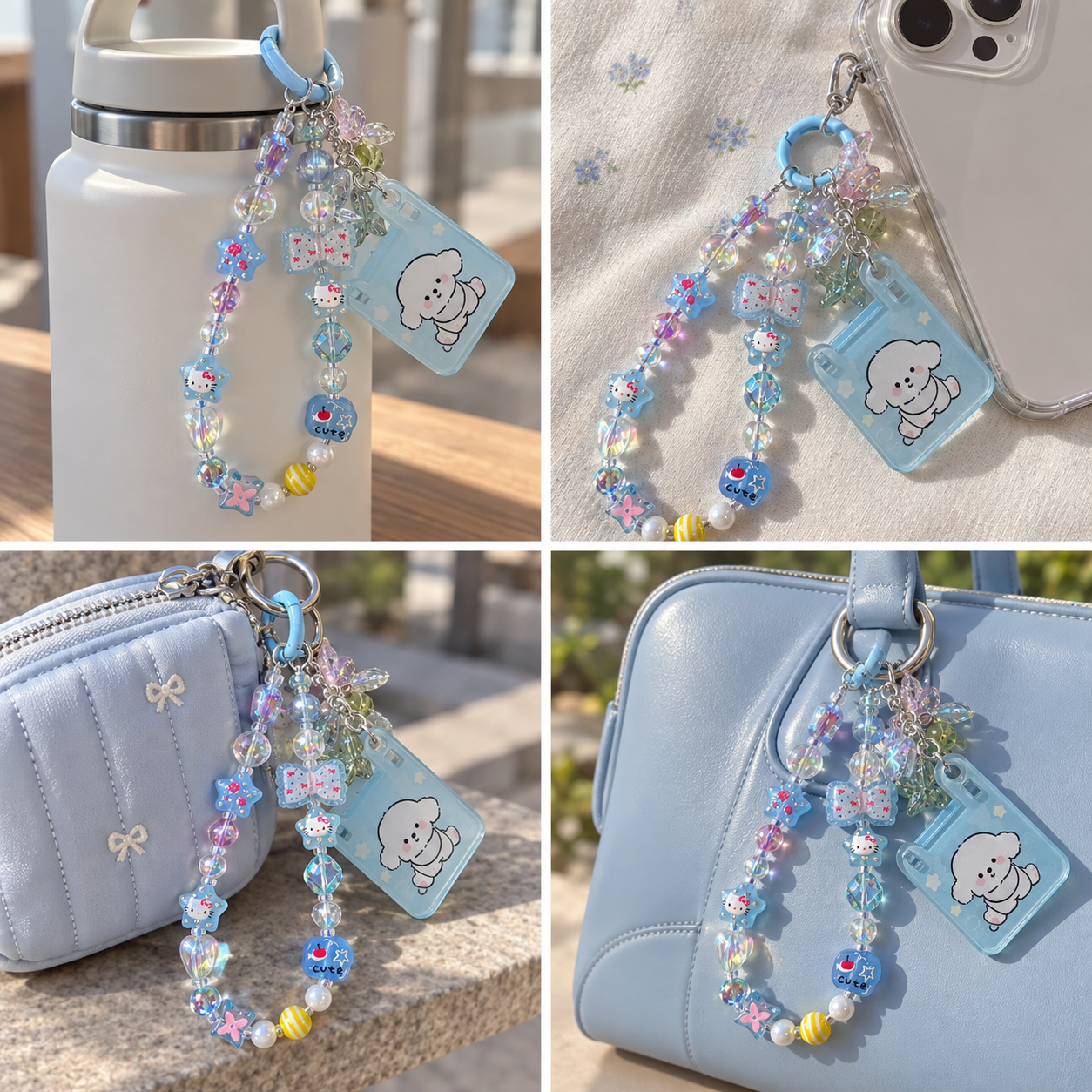 Pastel Blue Cat Star Beaded Charm with Puppy Tag – Phone, Bag & Water Bottle Accessory