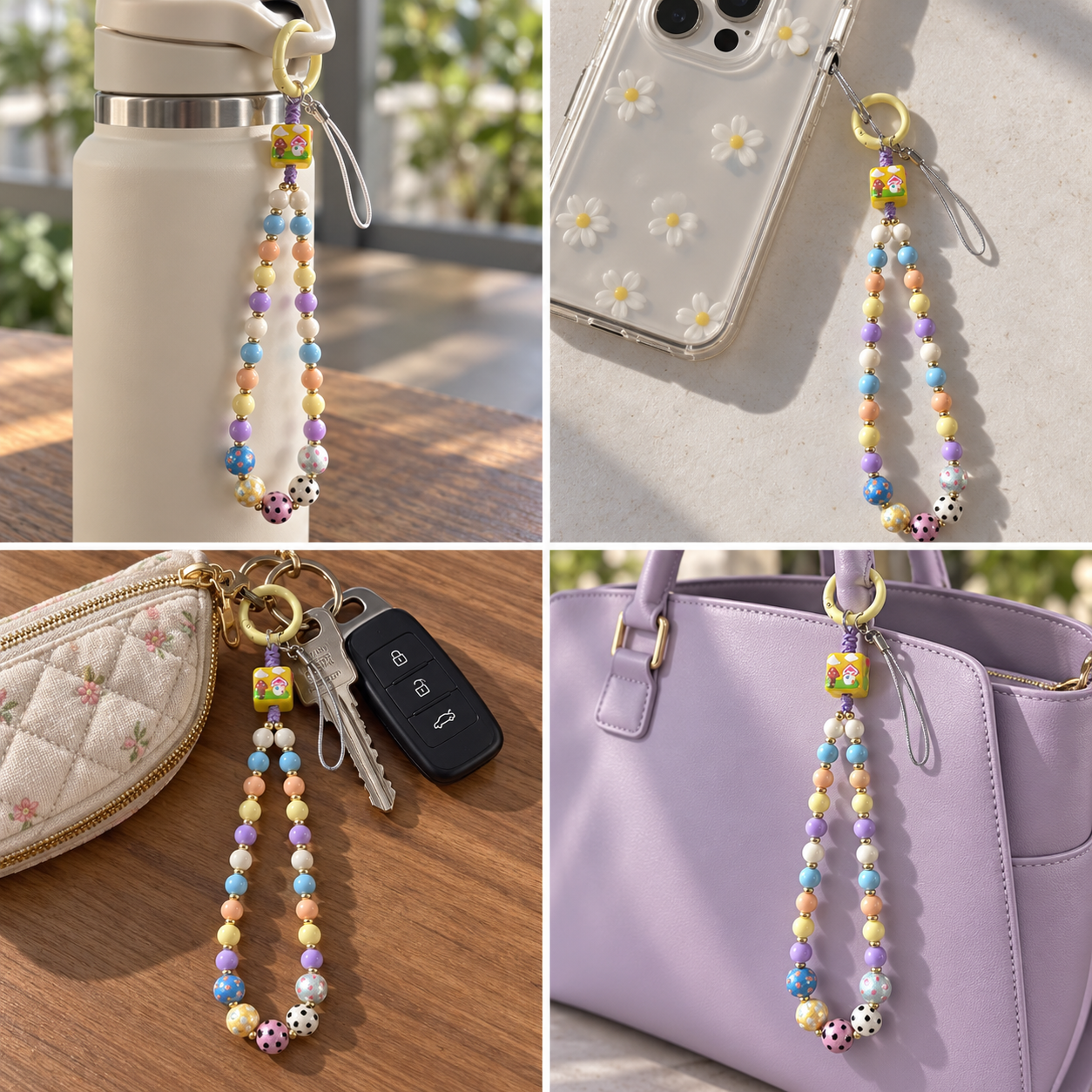 Pastel Cartoon Bear Beaded Phone Charm – 24 cm Bag and Water Bottle Accessory