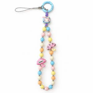 Pastel Cat & Mushroom Beaded Phone Charm – 24 cm Bag and Water Bottle Accessory