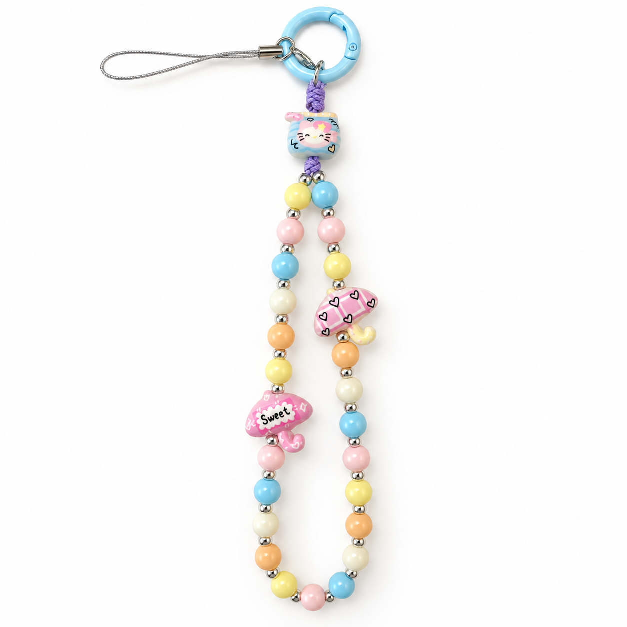 Pastel Cat & Mushroom Beaded Phone Charm – 24 cm Bag and Water Bottle Accessory