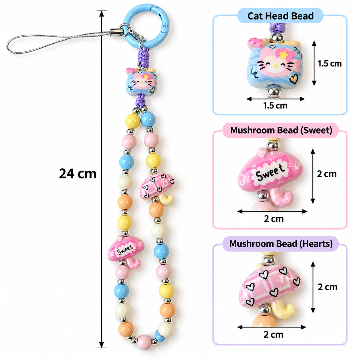 Pastel Cat & Mushroom Beaded Phone Charm – 24 cm Bag and Water Bottle Accessory
