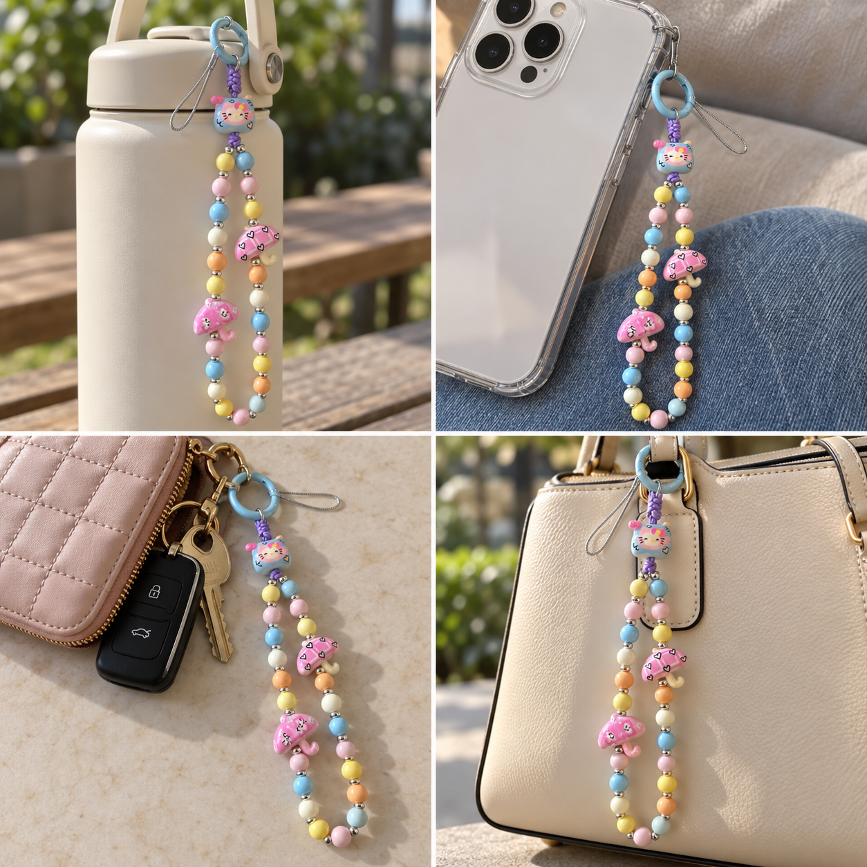 Pastel Cat & Mushroom Beaded Phone Charm – 24 cm Bag and Water Bottle Accessory