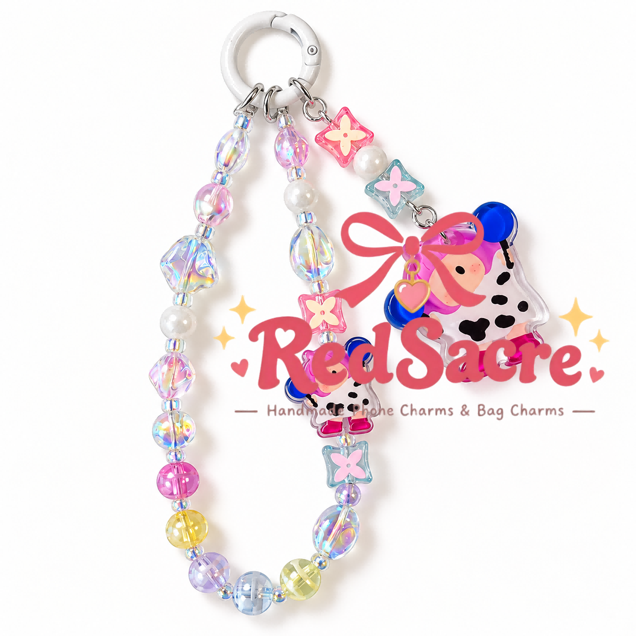 Pastel Cow Print Girl Beaded Charm – Phone, Bag & Water Bottle Accessory