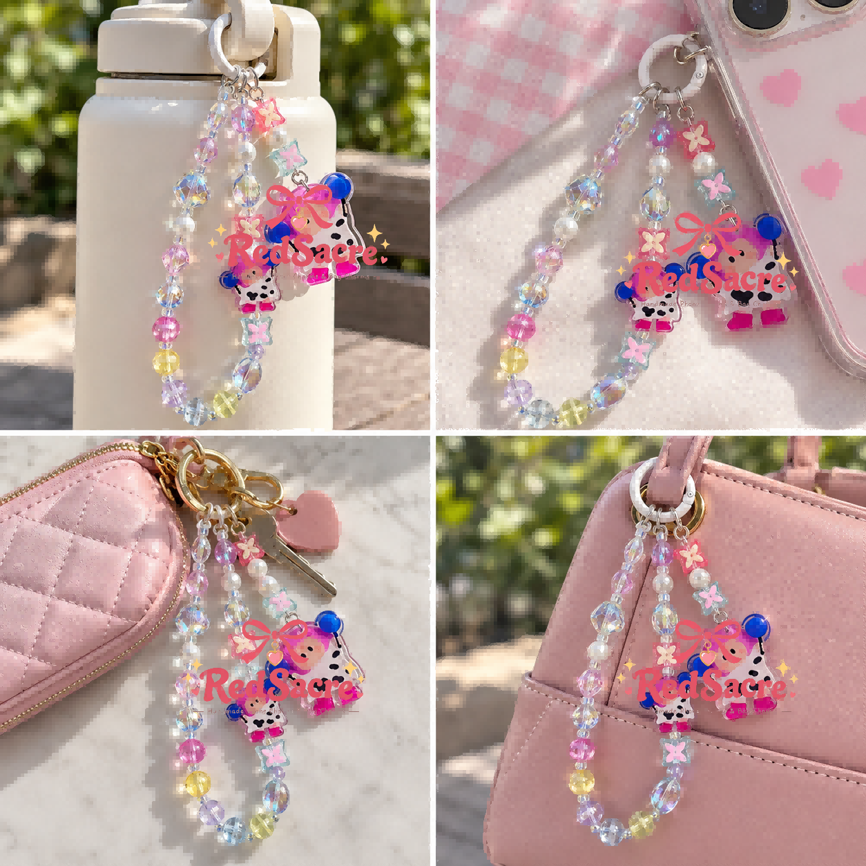 Pastel Cow Print Girl Beaded Charm – Phone, Bag & Water Bottle Accessory
