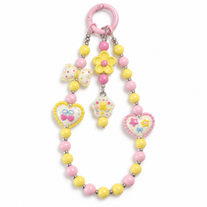 Pastel Pink and Yellow Beaded Bag Chain with Heart Charms