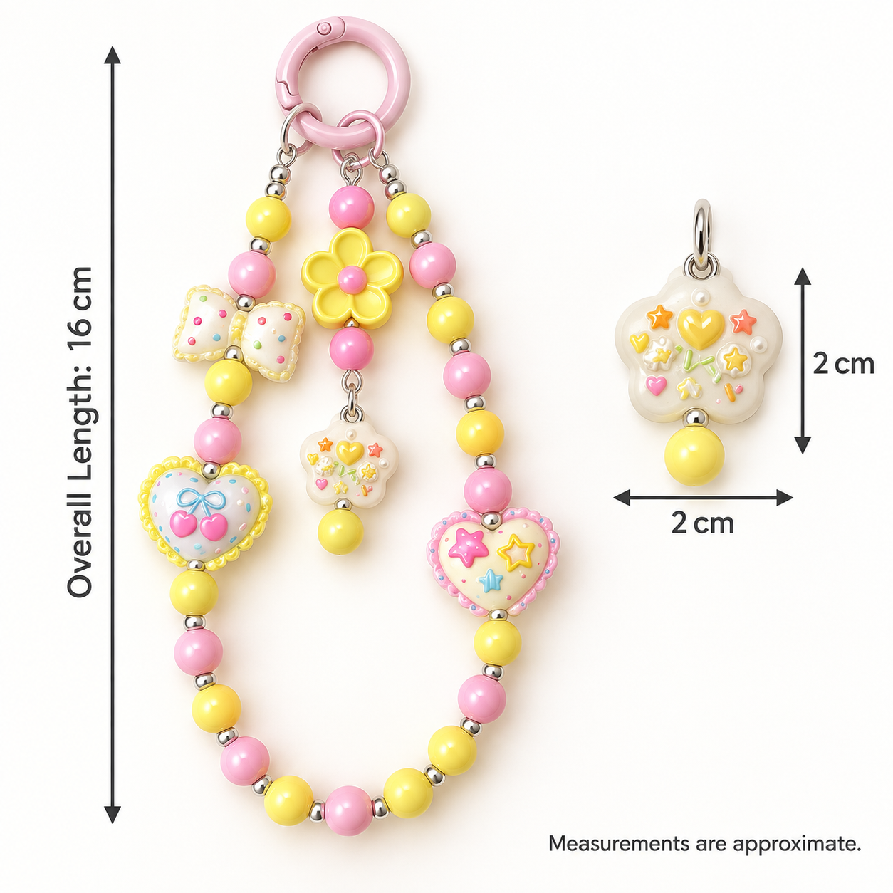 Pastel Pink and Yellow Beaded Bag Chain with Heart Charms