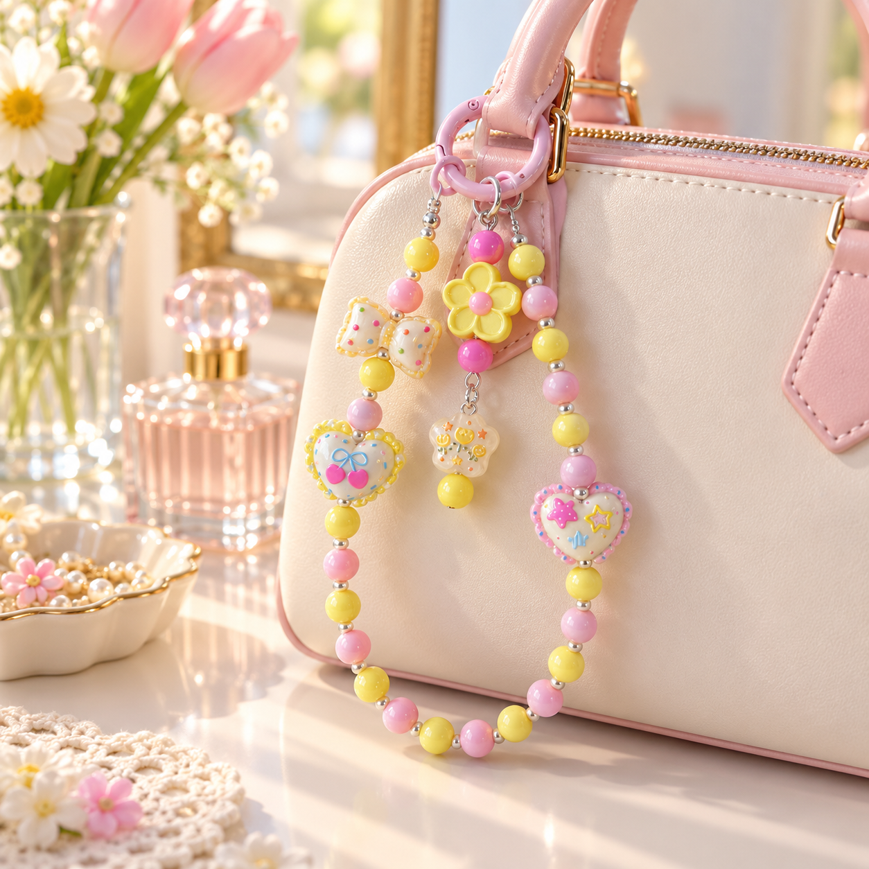 Pastel Pink and Yellow Beaded Bag Chain with Heart Charms