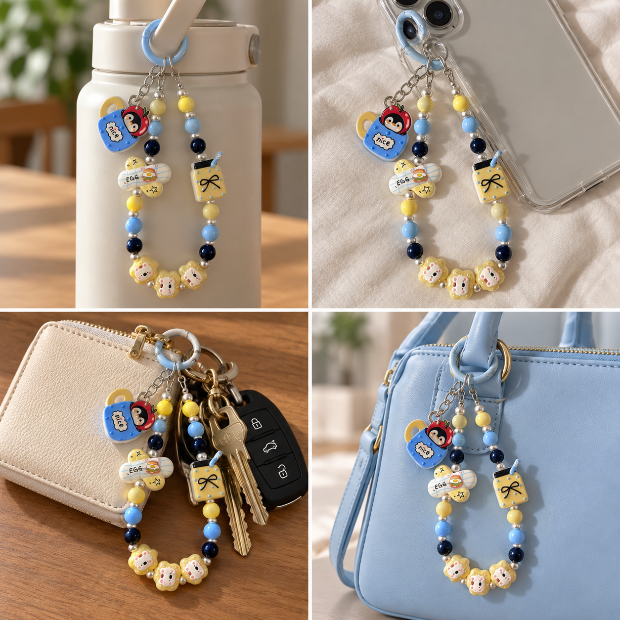 Penguin Coffee Cup Beaded Charm – Blue & Yellow Phone, Bag and Water Bottle Accessory