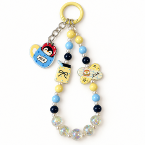 Penguin Coffee Cup Crystal Beaded Charm – Blue & Yellow Phone and Bag Accessory