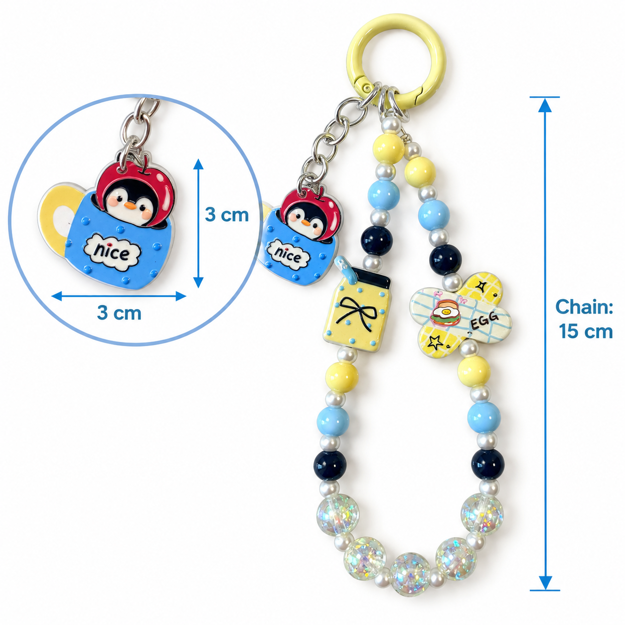 Penguin Coffee Cup Crystal Beaded Charm – Blue & Yellow Phone and Bag Accessory