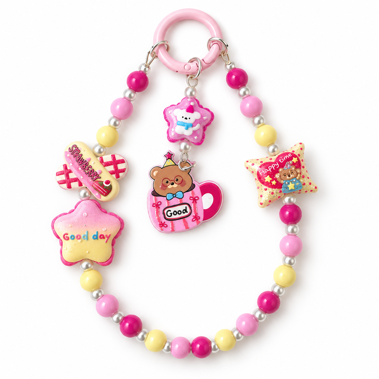 Pink Bear Cup Beaded Bag Charm with “Good Day” Star | 15.5 cm Keychain Accessory