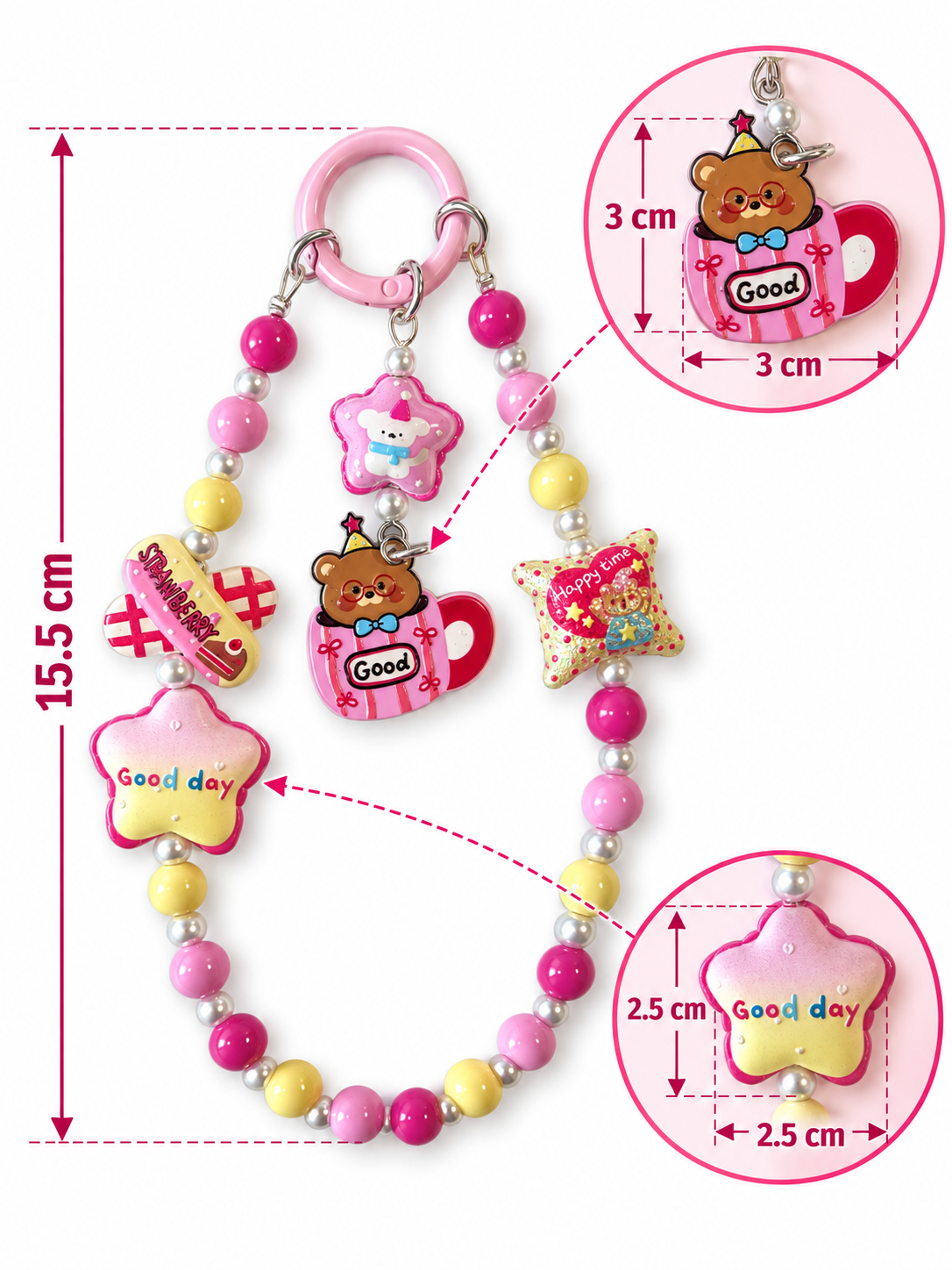 Pink Bear Cup Beaded Bag Charm with “Good Day” Star | 15.5 cm Keychain Accessory