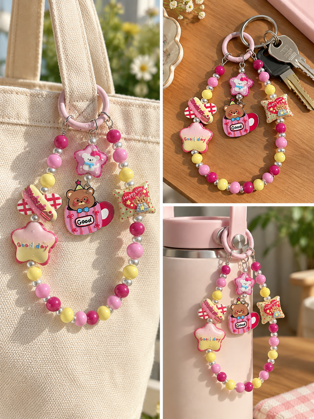 Pink Bear Cup Beaded Bag Charm with “Good Day” Star | 15.5 cm Keychain Accessory