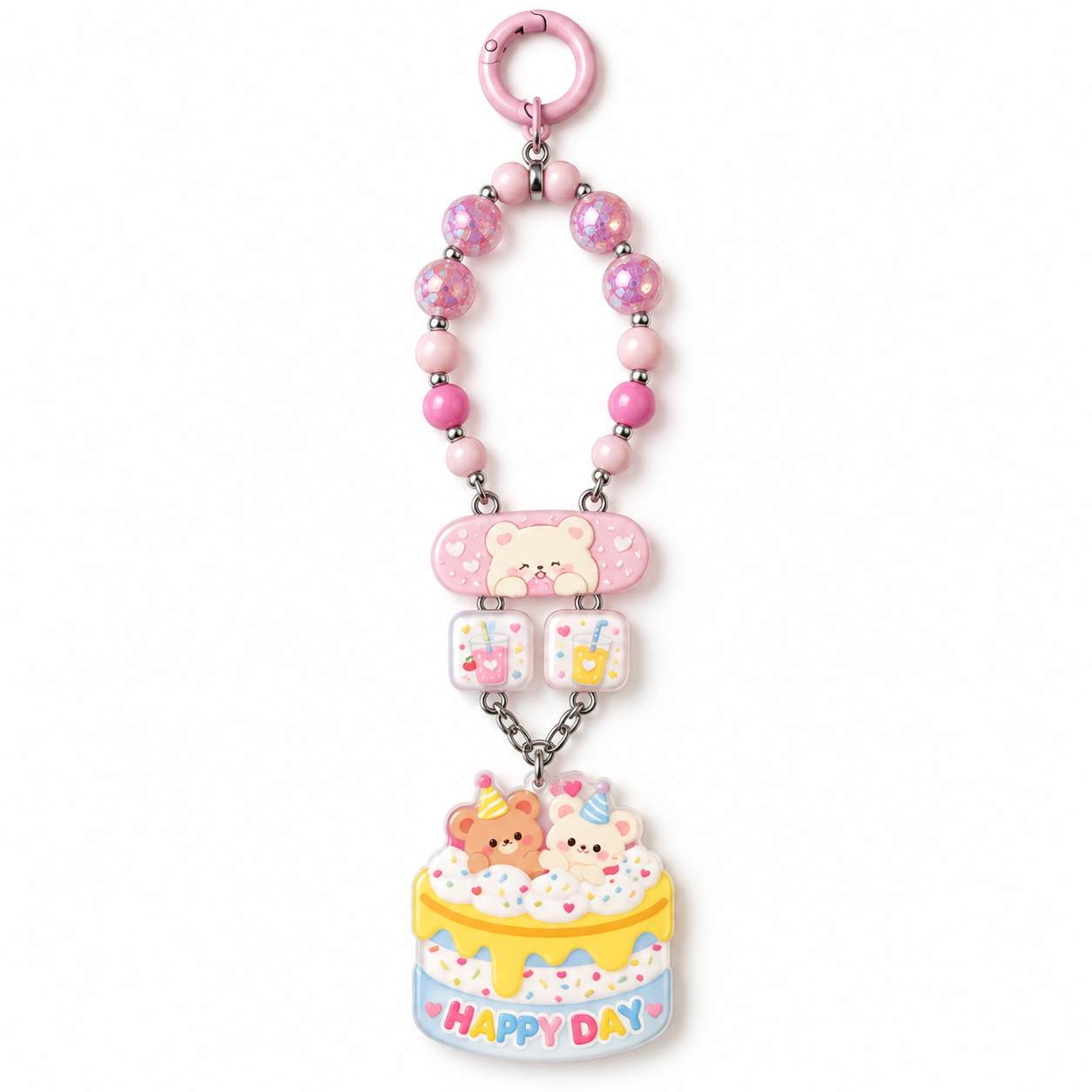 Pink Birthday Bear Cake Beaded Water Bottle Charm