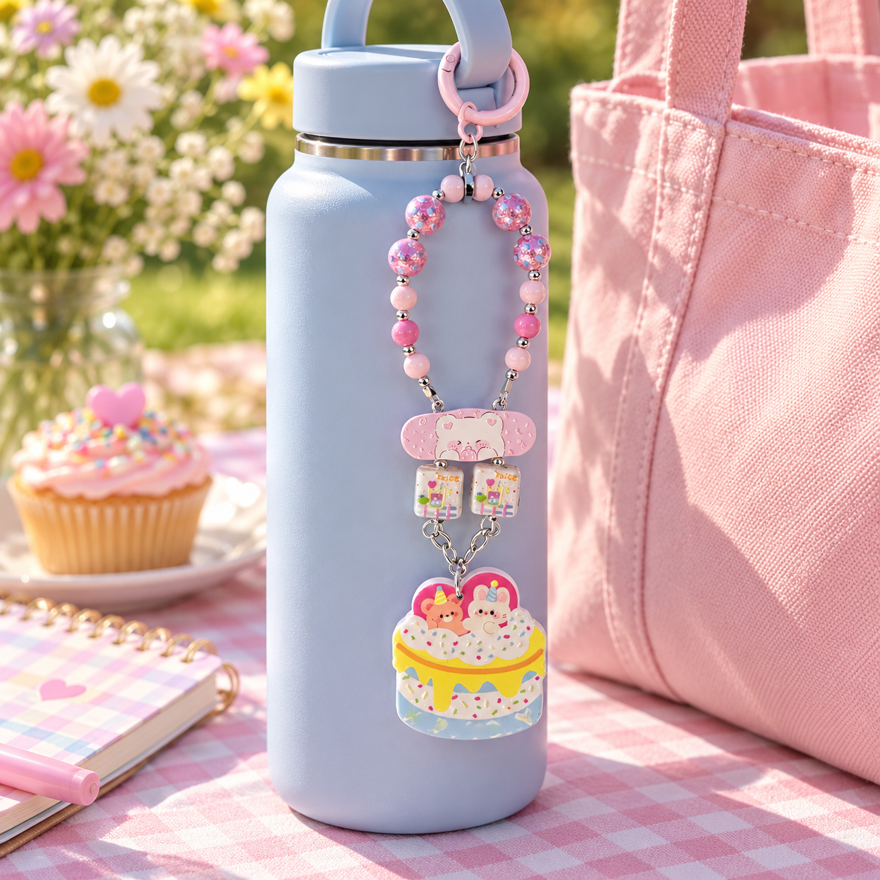 Pink Birthday Bear Cake Beaded Water Bottle Charm