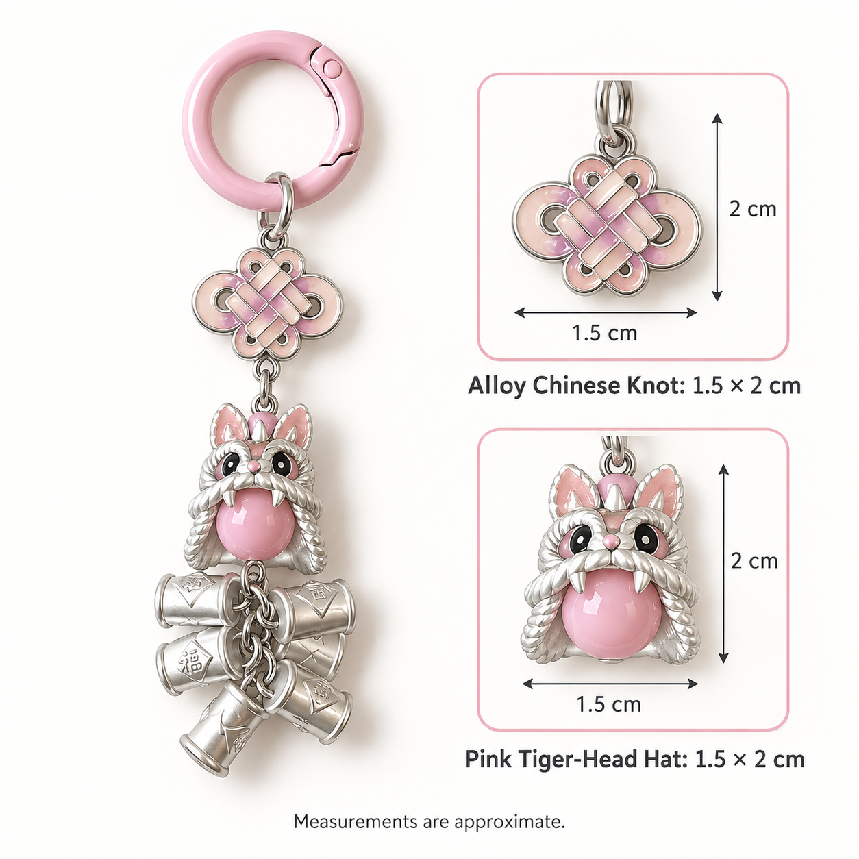 Pink Chinese Knot Tiger Lucky Bag Charm with Silver Ingots
